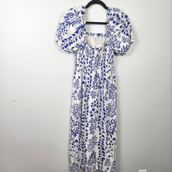 Milkmaid Coquette Girl Puff Sleeve Print Midi Maxi Dress Smockey Stretchy Size M - Picture 7 of 13